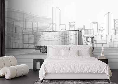 Truck in City Skyline, Illustration - Illustration of a truck driving in a city with a skyline in the background. - Illustration of a truck driving in a city with a skyline in the background. Wall mural