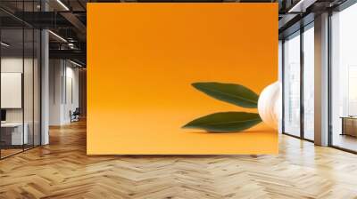 Two fresh garlic cloves with green leaves on a bright orange background. The image symbolizes freshness, flavor, and natural ingredients. It evokes a sense of culinary delight and healthy eating. Wall mural