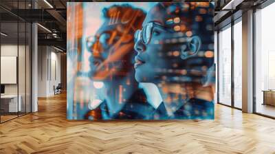 Two individuals, a man and a woman, are seen looking at a data screen, symbolizing collaboration, innovation, data analysis, future of business, and technology. Wall mural