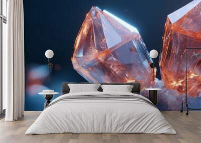 Two large, glowing gemstone-like mineral crystals with a chemical structure in the background. The crystals are translucent and have a warm, orange glow. They are surrounded by a blue haze. The image  Wall mural