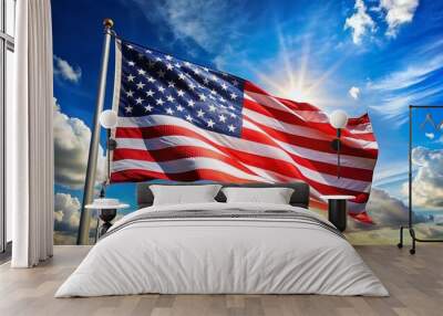 USA flag waving under blue sky - The image shows the United States flag flying proudly against a backdrop of a vivid blue sky with fluffy clouds Wall mural