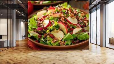 vibrant apple pecan salad with pomegranate - a vibrant bowl of apple pecan salad garnished with pome Wall mural