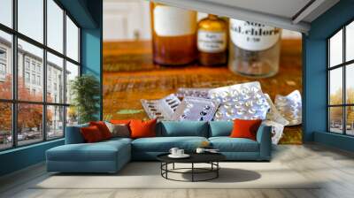 Empty packages of tablets against a blurred background with bottles for chemicals. Wall mural