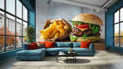 Delicious burgers with beef, tomato, cheese and lettuce
 Wall mural