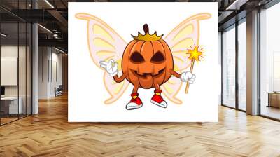 Vector mascot, cartoon and illustration of a halloween pumpkin is a flying fairy with crowned butterfly wings and carrying a magic wand Wall mural