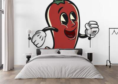 vector vintage illustration of a red chili mascot cartoon character walking coolly Wall mural