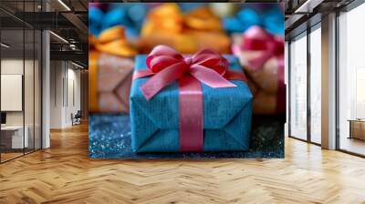  a close up of two wrapped presents on a table. Wall mural