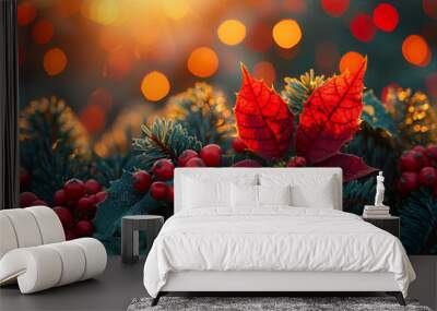  Decorated Christmas tree featuring red berries and poinsettia. Wall mural