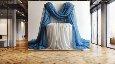 a chair with blue curtains.  Wall mural