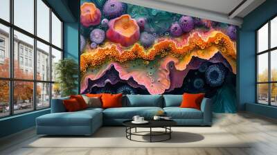 a colorful coral reef with orange and purple bubbles.  Wall mural