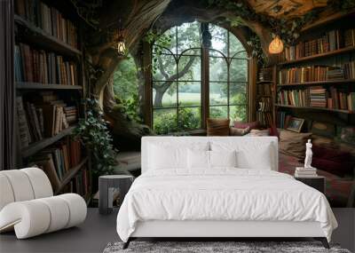 a room with a tree shaped window and a couch Wall mural