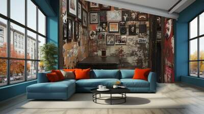 a room with pictures on the wall.

 Wall mural