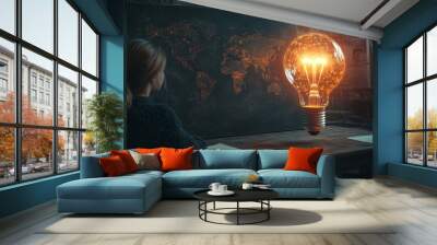 A woman seated at a table, with a light bulb illuminating the space around her. Wall mural