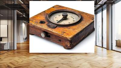 An antique wooden box featuring a dial and a meter, showcasing intricate craftsmanship and vintage design elements. Wall mural