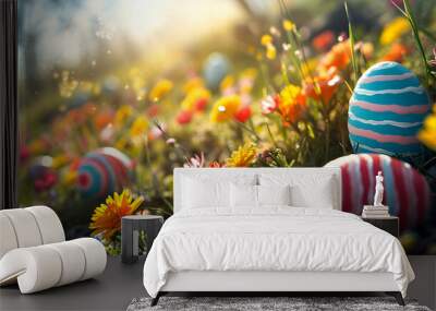 Colorful Easter eggs hidden in lush green grass. Wall mural