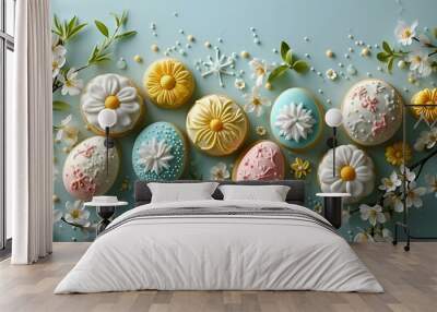 Easter eggs in the nests and spring flower background with Copy Space
 Wall mural