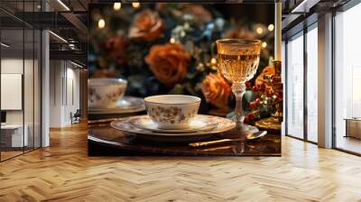 glasses of champagne on table, Elegant table setting with beautyful flowers, candles and wine glasses in restaurant. Selective focus., Elegant table setting with beautyful flowers, candles and wine g
 Wall mural