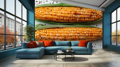 Two ears of corn displayed alongside an assortment of vibrant spices, highlighting a colorful culinary arrangement. Wall mural