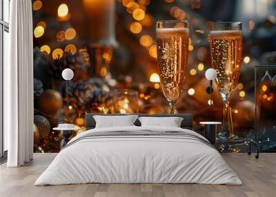 Two elegant champagne flutes on a table adorned with candles and festive decorations, creating a celebratory atmosphere. Wall mural