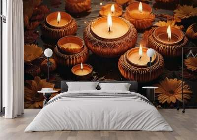 Burning candles in water for Diwali holiday Wall mural