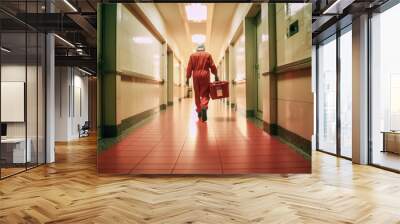 Medical professional carefully carries an organ transplant container down a hospital corridor, hoping to give someone a second chance at life Wall mural