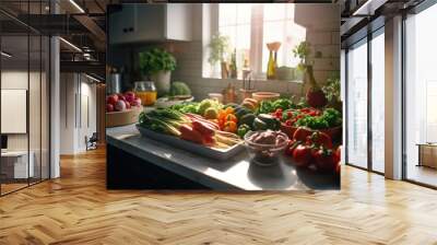 Vibrant kitchen bursting with a rainbow of fresh fruits and vegetables, reminding us of the vital role a nourishing diet plays in supporting a healthy gut. Generative AI Wall mural