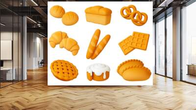 3d bakery products. Pastries, croissant and bread. Isolated buns, french baguettes and waffles. Render realistic baking pithy vector collection Wall mural