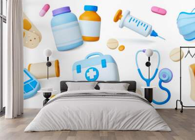 3d medical icons. Isolated hospital ambulance tools, pills and drugs. Plasticine medicine and pharmacy elements, pithy vector realistic set Wall mural