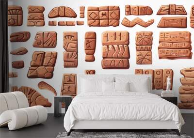 Abstract cuneiform stone plates. Isolated akkadian sumerian or assyrian writing on stones. Clay sheets with ancient scripts, vector cartoon set Wall mural