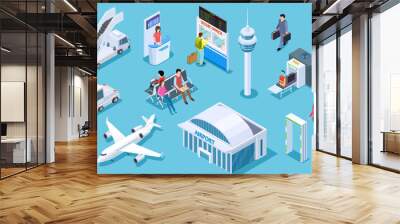 Airport isometric. Passenger luggage, airport terminal. Tower plane passport checkpoint. Business airline travel management vector set. Airport and airplane, luggage and plane illustration Wall mural