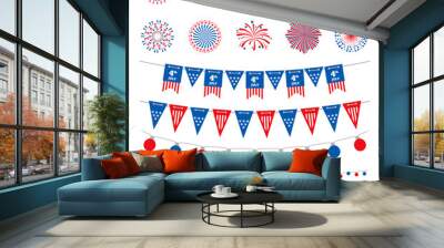 American flag color banners, garlands and fireworks vector collection. Happy Independence Day, 4th July, american holidays design elements isolated on white background. Usa celebration fireworks Wall mural