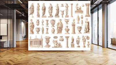 Antique sculptures cartoon vector set. Statues male female greek roman vases musical instruments columns ancient architectural monuments archaeological artifacts isolated on white background Wall mural