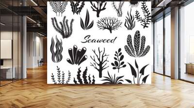 Aquarium seaweeds. Underwater plants, ocean planting. Vector seaweed black silhouette isolated set. Sea weed black, underwater sea ocean plant illustration Wall mural