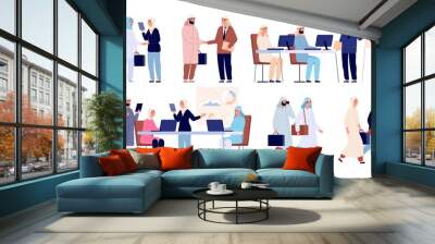 Arab business people. Saudi man meeting partner, office formal handshake. Muslim woman on job, flat islamic work team vector illustration. Saudi arab meeting, businessman partnership Wall mural