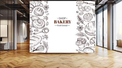 Bakery vector retro background with hand drawn doodle bread. Illustration bakery and bread shop, vintage drawing poster Wall mural