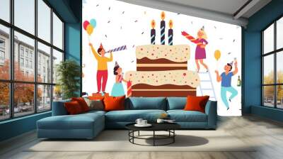 Birthday cake concept. Happy party, team greeting women. Adults business corporate holiday, pie with candles. Friends event decent vector banner Wall mural