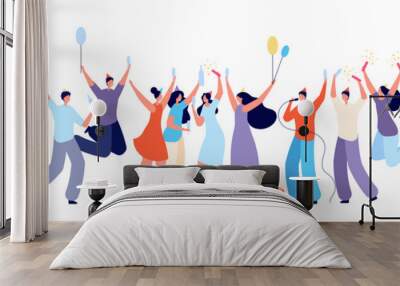 Birthday party concept. Colleagues congratulated, friends surprise event. Isolated people celebration with cake drinks utter vector banner. Congratulation and smiling, champagne and celebration Wall mural