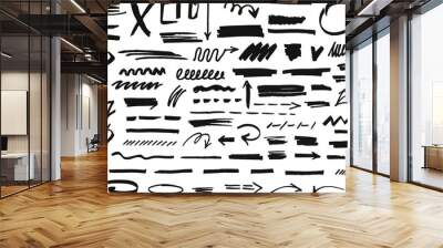 Black marker stains grunge set. Handwriting scribble stroke, underline graphite textures. Brush signs and crayon drawing neoteric vector elements Wall mural