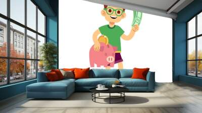 Boy saves money with piggy bank vector illustration. Piggy money, boy with cash Wall mural