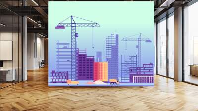 Building process. Unfinished buildings and construction machines. Vector illustration Wall mural