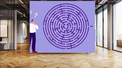 Business man looking at maze. Flat manager choose way to money, start up concept. Confused male solved problems, solution find and route to goal vector scene Wall mural