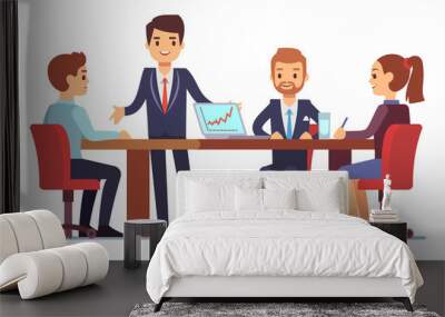 Business meeting in office at conference table with talking businessmen and businesswomen vector illustration Wall mural