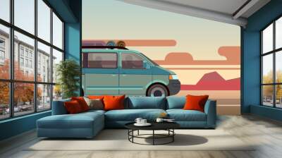 Car drive on sunset background. Cartoon auto travel Wall mural