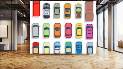 Cars and trucks top view flat vector icons. Set of car and sedan car for transportation illustration Wall mural