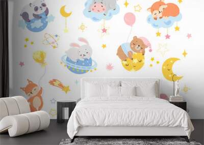 Cartoon animal sleep. Baby cute animals sleeping and hugging cloud moon planet. Wizard forest characters, child room funny decor. Night dream nowaday vector bundle Wall mural