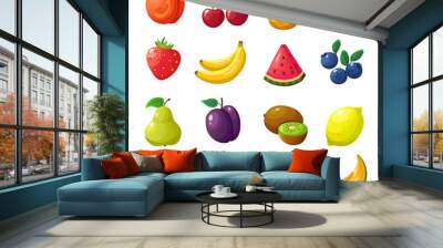 Cartoon fruits and berries. Melon pear mandarin watermelon apple orange isolated vector set Wall mural