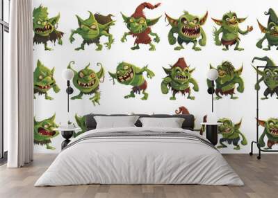 Cartoon goblins isolated. Green trolls art work, trolling evil characters vector illustration Wall mural