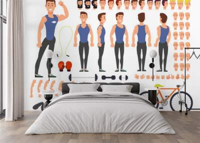 Cartoon man athlete vector character constructor with set of body parts and sports equipment Wall mural