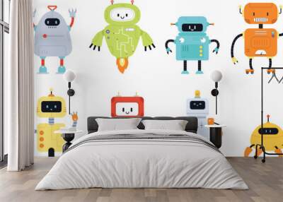 Cartoon robots, cute technology robot. Futuristic toys game, cyber monsters. Child digital toy vintage style, electric model snugly vector elements Wall mural