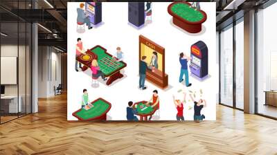 Casino isometric. Poker roulette table, slot machines in playing room. Nightclub entertainment casino gambling 3d vector set. Gambling casino 3d table illustration, roulette and poker Wall mural